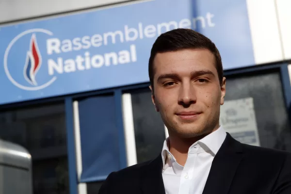 FILE – Head of Marine Le Pen’s party list for the European Parliament elections, Jordan Bardella poses after an interview with Associated Press in Nanterre, outside Paris, Wednesday, Feb. 20, 2019. At just 28 years old, Jordan Bardella has led the French far right to a landslide victory in the European Parliament election in June. After voters propelled Marine Le Pen’s National Rally to a strong lead in the first round of national legislative elections on Sunday, Bardella has turned to rallying supporters to grant Marine Le Pen’s party an absolute majority in the decisive round of voting on July 7 and make him the prime minister of France. (AP Photo/Christophe Ena, File)