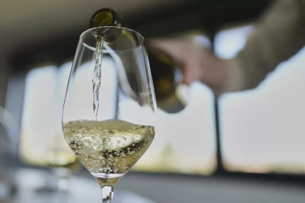 Winegrower Vincent Dampt serves a glass of Chablis wine in his office, in Chablis, Burgundy region, eastern France, Thursday, April 3, 2025. (AP Photo/Thibault Camus)