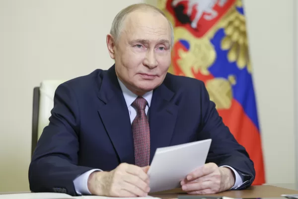 Russian President Vladimir Putin chairs a meeting on economic issues via videoconference at Novo-Ogaryovo state residence outside of Moscow, Russia, Thursday, April 24, 2025. (Vyacheslav Prokofyev, Sputnik, Kremlin Pool Photo via AP)
