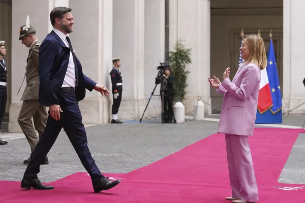 U.S. Vice President JD Vance, left, is welcomed by Italian Premier Giorgia Meloni as he arrives for talks at Palazzo Chigi government office in Rome, Friday, April 18, 2025. (AP Photo/Andrew Medichini)

Associated Press/LaPresse
