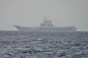 This image released by the Taiwan Ministry of National Defense shows China’s Shandong aircraft carrier sailing near Taiwan on Monday, March 31, 2025. (Taiwan Ministry of National Defense via AP)