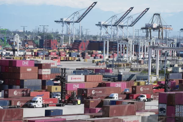 Containers are stacked at the Port of Los Angeles Wednesday, April 2, 2025, in Los Angeles. (AP Photo/Damian Dovarganes)