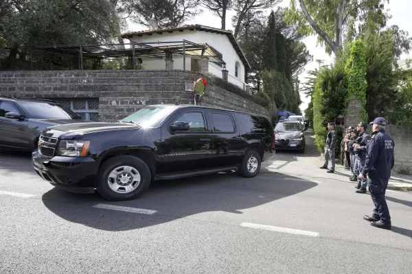 U.S. delegates leave the Omani Embassy in Rome after closed-door meeting with an Iranian delegation to discuss Tehran’s rapidly advancing nuclear program, Saturday, April 19, 2025. (AP Photo/Andrew Medichini)