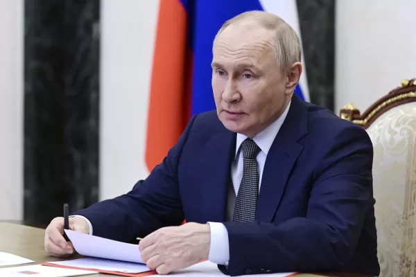 Russian President Vladimir Putin chairs the Security Council meeting via videoconference at the Kremlin in Moscow, Russia, Friday, May 16, 2025. (Pavel Byrkin, Sputnik, Kremlin Pool Photo via AP)
