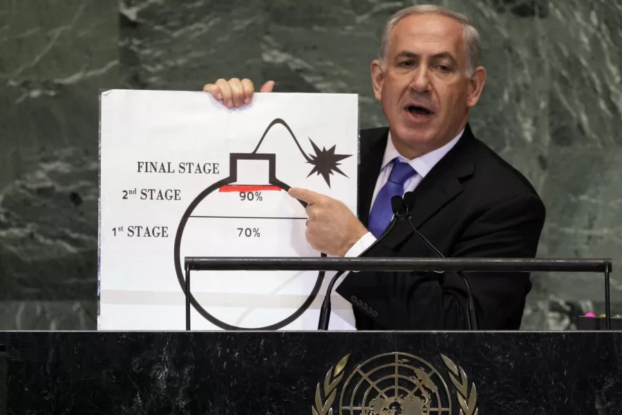FILE – In this Sept. 27, 2012 file photo, Israeli Prime Minister Benjamin Netanyahu shows an illustration as he describes his concerns over Iran’s nuclear ambitions during his address to the 67th session of the United Nations General Assembly at U.N. headquarters.  (AP Photo/Richard Drew, File) 


Associated Press / LaPresse
Only italy and spain