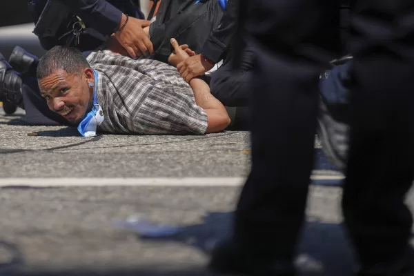 A protestor is detained by police in downtown Los Angeles, Sunday, June 8, 2025, following last night’s immigration raid protest. (AP Photo/Eric Thayer)
Associated Press/LaPresse A protestor is detained by police in downtown Los Angeles, Sunday, June 8, 2025, following last night’s immigration raid protest. (AP Photo/Eric Thayer)
Associated Press/LaPresse