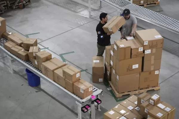 Employees of Learning Resources, an educational toy company, work at a warehouse in Vernon Hills, Ill., Friday, April 11, 2025. (AP Photo/Nam Y. Huh)