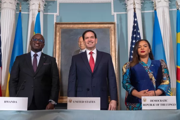 Secretary of State Marco Rubio, center, stands with Rwanda’s Foreign Minister Olivier Nduhungirehe, left, and Democratic Republic of the Congo’s Foreign Minister Therese Kayikwamba Wagner, right, after signing a peace agreement at the State Department, Friday, June 27, 2025, in Washington. (AP Photo/Mark Schiefelbein).