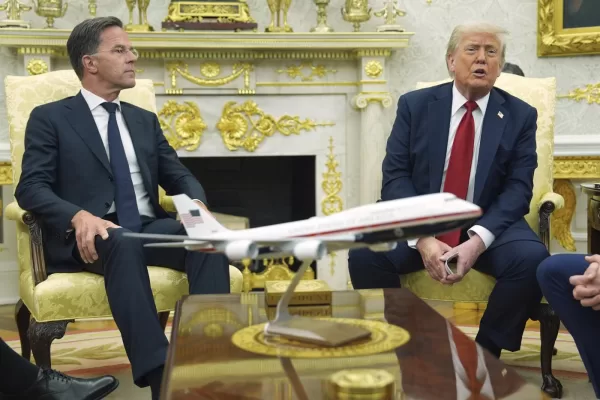 President Donald Trump, right, meets with NATO Secretary General Mark Rutte in the Oval Office of the White House, Monday, July 14, 2025, in Washington. (AP Photo/Evan Vucci)