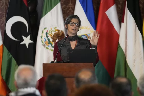 Francesca Albanese, U.N. Special Rapporteur on the Occupied Palestinian Territories, speaks during a two-day conference on the Israel-Hamas war and Israel’s military actions in Gaza in Bogota, Colombia, Wednesday, July 16, 2025. (AP Photo/Fernando Vergara)