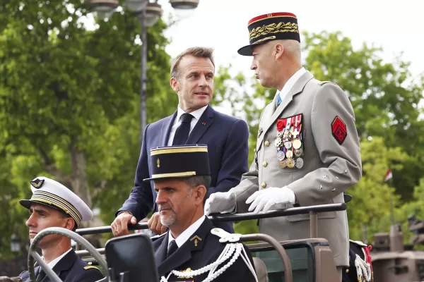 Associated Press/LaPresseFrench President Emmanuel Macron stands in the command car with Chief of Staff of the French Armed Forces Thierry Burkhard during the Bastille Day military parade in Paris, Monday, July 14, 2025. (Abdul Saboor/Pool via AP)