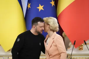 Ukrainian President Volodymyr Zelenskyy talks with EU Commission President Ursula von der Leyen during meeting with media at Mariinsky Palace in Kyiv, Ukraine, Saturday, Feb. 24, 2024. President Volodymyr Zelenskyy has welcomed Western leaders to Kyiv to mark the second anniversary of Russia’s full-scale invasion, as Ukrainian forces run low on ammunition and foreign aid hangs in the balance. (AP Photo/Efrem Lukatsky)