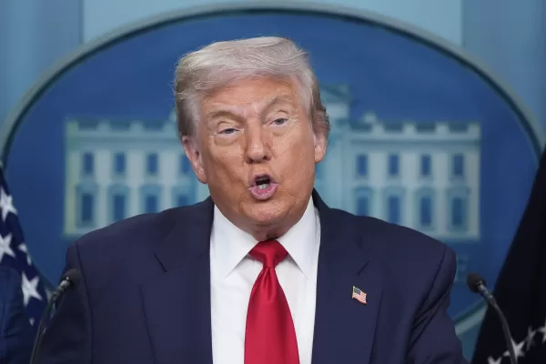 President Donald Trump speaks with reporters in the James Brady Press Briefing Room at the White House, Monday, Aug. 11, 2025, in Washington. (AP Photo/Alex Brandon)