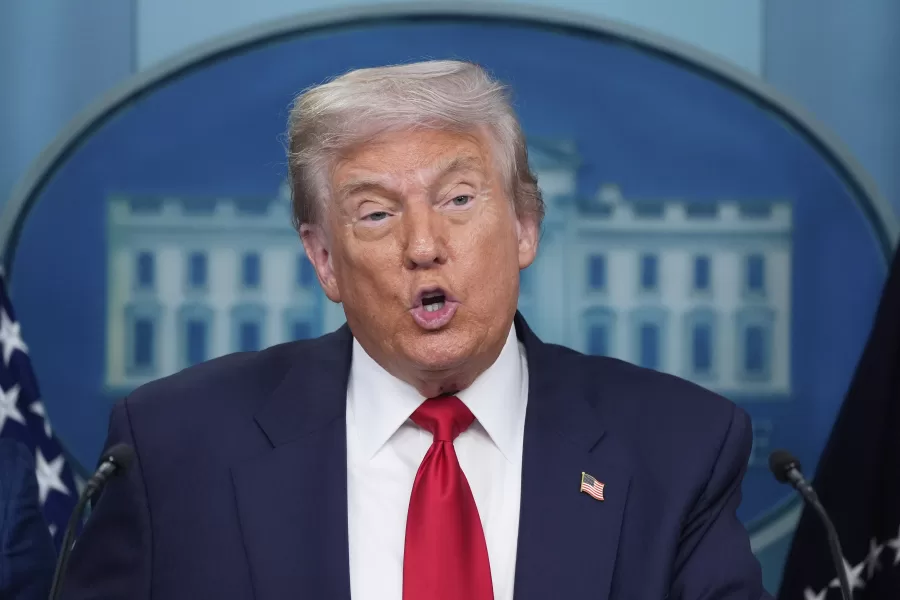 President Donald Trump speaks with reporters in the James Brady Press Briefing Room at the White House, Monday, Aug. 11, 2025, in Washington. (AP Photo/Alex Brandon)