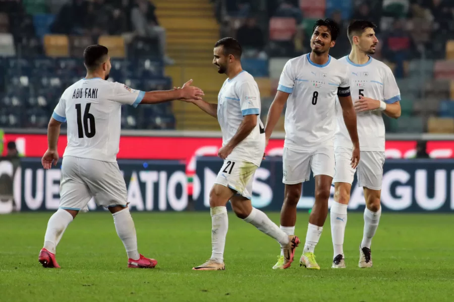 israel’s mohammad abu fani celebrates after scoring the 2-1 goal for his teamduring the Nations league soccer match between Italia and Israele at the Bluenergy Stadium in Udine, north east Italy – Monday, October 14,2024 sport – soccer (Photo by Andrea Bressanutti/Lapresse)