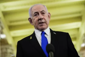 Israeli Prime Minister Benjamin Netanyahu speaks to reporters at the U.S. Capitol following a meeting with House Speaker Mike Johnson, R-La., Tuesday, July 8, 2025, in Washington. (AP Photo/Julia Demaree Nikhinson)