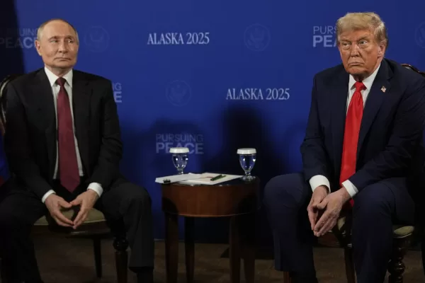 President Donald Trump meets with Russia’s President Vladimir Putin Friday, Aug. 15, 2025, at Joint Base Elmendorf-Richardson, Alaska. (AP Photo/Julia Demaree Nikhinson)