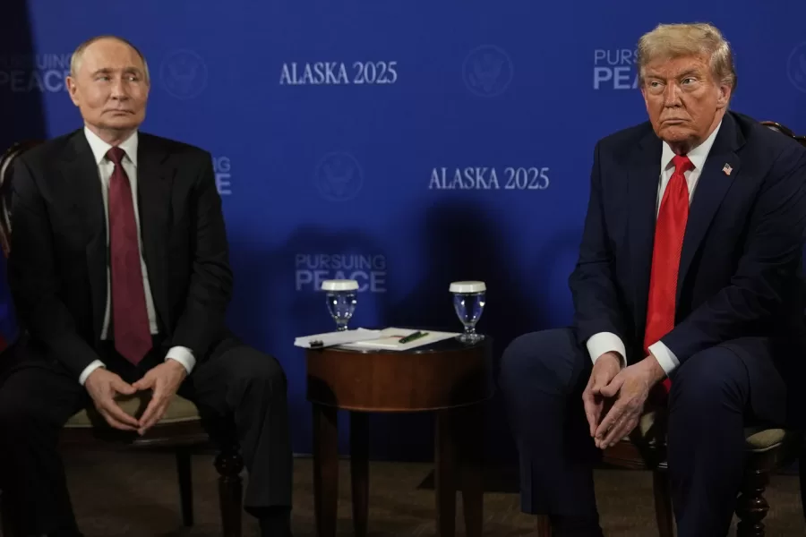 President Donald Trump meets with Russia’s President Vladimir Putin Friday, Aug. 15, 2025, at Joint Base Elmendorf-Richardson, Alaska. (AP Photo/Julia Demaree Nikhinson)