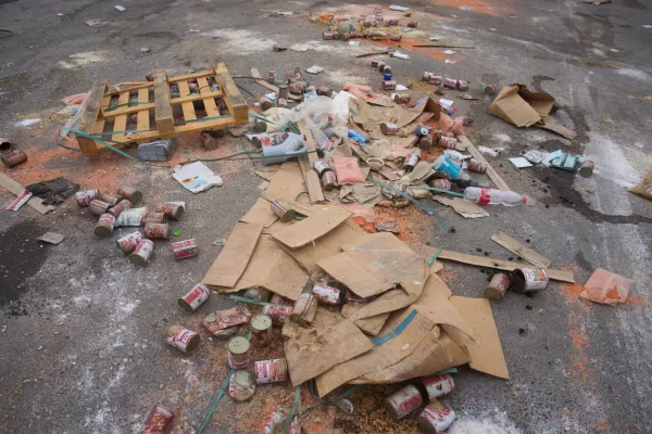 Damaged humanitarian aid for Palestinians in Gaza are scattered on the ground next to the border with the Gaza Strip near the Kissufim crossing in southern Israel, Wednesday, Aug. 13, 2025. (AP Photo/Ariel Schalit)