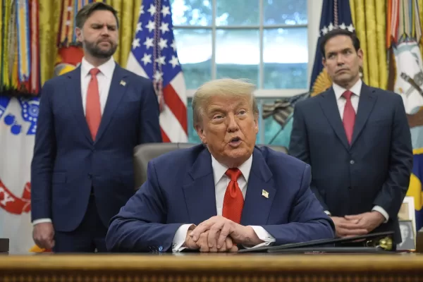 President Donald Trump speaks as he meets with Congo’s Foreign Minister Therese Kayikwamba Wagner, and Rwanda’s Foreign Minister Olivier Nduhungirehe, Friday, June 27, 2025, in the Oval Office at the White House in Washington, as Vice President JD Vance and Secretary of State Marco Rubio listen. (AP Photo/Manuel Balce Ceneta)