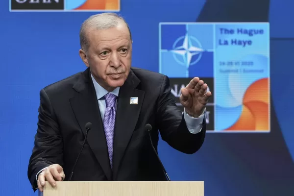 FILE – Turkish President Recep Tayyip Erdogan gestures during a press conference after the plenary session at the NATO summit in The Hague, Netherlands, on June 25, 2025. (AP Photo/Markus Schreiber, File)