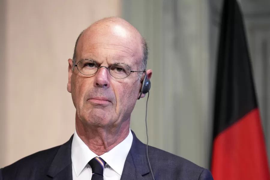 French Finance Minister Eric Lombard speaks to media during a joint news conference and with his German counterpart Lars Klingbeil at Genshagen Palace in Ludwigsfelde, Germany, Wednesday, July 16, 2025. (AP Photo/Ebrahim Noroozi)