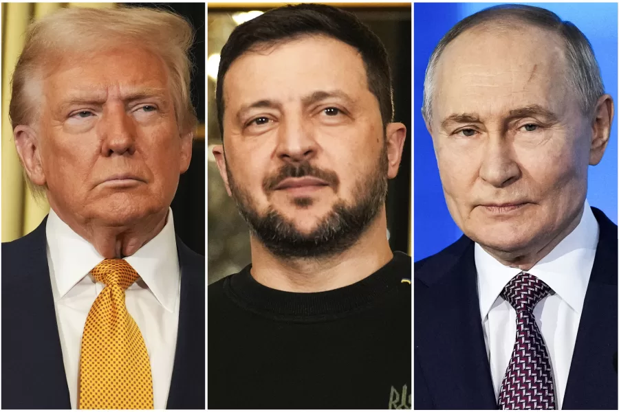 FILE – In this combination of file photos, President Donald Trump, left, and Ukraine’s President Volodymyr Zelenskyy, center, are seen at the Elysee Palace, Dec. 7, 2024 in Paris, and President Vladimir Putin, right, addresses a Technology Forum in Moscow on Feb. 21, 2025. (AP Photo/Aurelien Morissard, left and center, Pavel Bednyakov, right, File)
