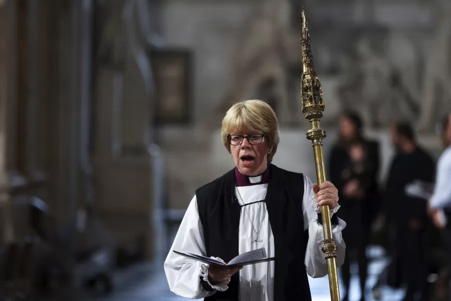 The Bishop of London Sarah Mullally participate in a Service of Prayer and Reflection, following the passing of Britain’s Queen Elizabeth II, at St Paul’s Cathedral in London, Friday Sept. 9, 2022. (Paul Childs/Pool via AP)