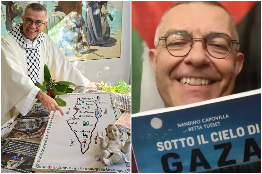 Don Nandino Capovilla e la foto della mappa senza Israele con kefiah e Gesù Bambino: il parroco militante che cancella uno Stato democratico