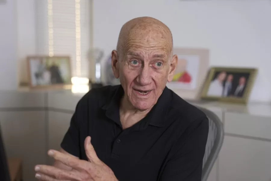 Former Israeli Prime Minister Ehud Olmert during an interview with The Associated Press in his office in Tel Aviv, Israel, Thursday, May 22, 2025. (AP Photo/Ariel Schalit)