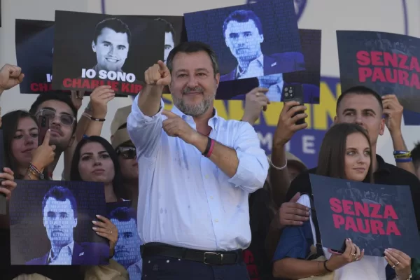 Italian Infrastructure Minister and leader of Italy’s right-wing League party Matteo Salvini reacts during the League’s annual gathering in Pontida, north of Italy, Sunday, Sept. 21, 2025. (AP Photo/Antonio Calanni)

Associated Press/LaPresse