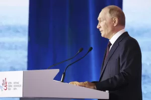 Russian President Vladimir Putin delivers his speech at the plenary session of the Eastern Economic Forum in Vladivostok, Russia, Friday, Sept. 5, 2025. (Alexander Kazakov, Sputnik, Kremlin Pool Photo via AP)