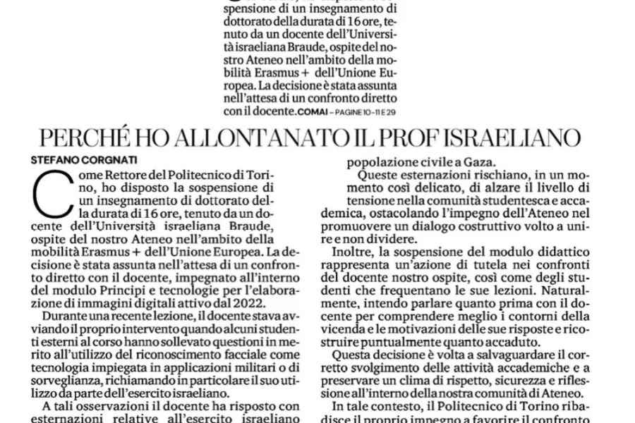 Il rettore del Politecnico di Torino caccia il professore ebreo per ‘tutelarlo’ dagli studenti: i ghetti avevano una funzione analoga