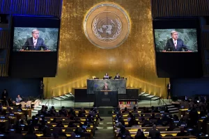 Antonio Guterres, the UN Secretary General, addresses the 80th session of the UNGA at United Nations headquarters at the start of High-Level Week, Monday, Sept. 22, 2025. (AP Photo/Angelina Katsanis)