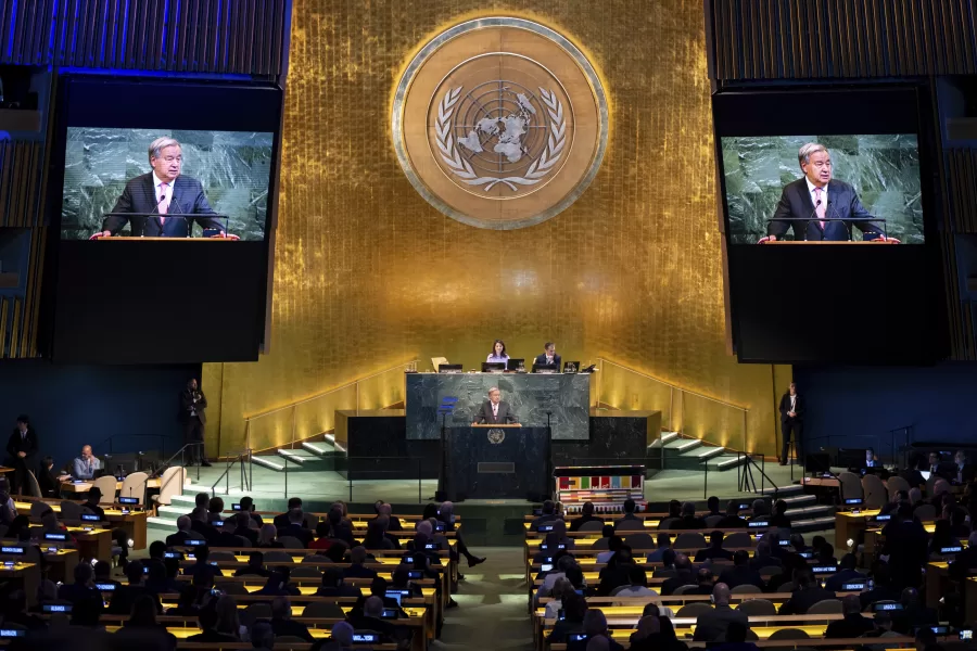 Antonio Guterres, the UN Secretary General, addresses the 80th session of the UNGA at United Nations headquarters at the start of High-Level Week, Monday, Sept. 22, 2025. (AP Photo/Angelina Katsanis)
