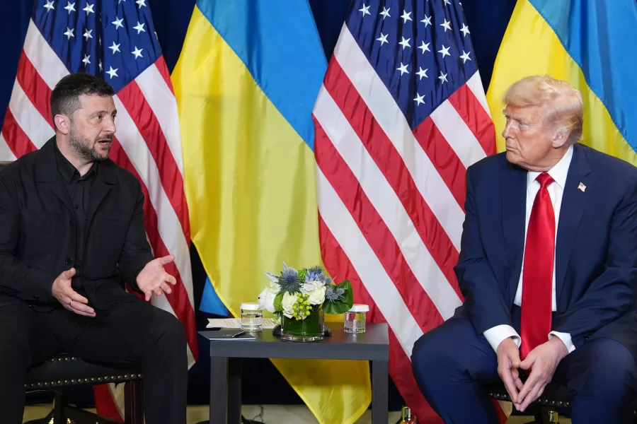 President Donald Trump meets with Ukrainian President Volodymyr Zelenskyy during the United Nations General Assembly, Tuesday, Sept. 23, 2025, in New York. (AP Photo/Evan Vucci)