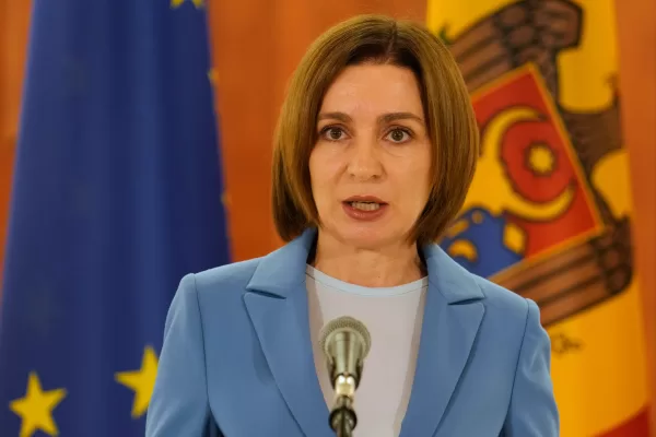 Moldova’s President Maia Sandu speaks to the media after the parliamentary election, in Chisinau, Moldova, Monday, Sept. 29, 2025. (AP Photo/Vadim Ghirda)

Associated Press/LaPresse