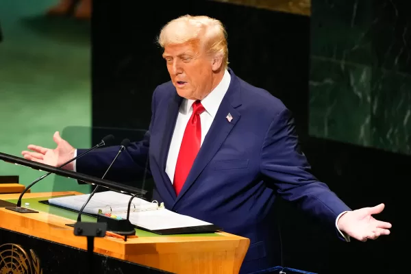 President Donald Trump address the 80th session of the United Nations General Assembly, Tuesday, Sept. 23, 2025, at U.N. headquarters. (AP Photo/Yuki Iwamura)