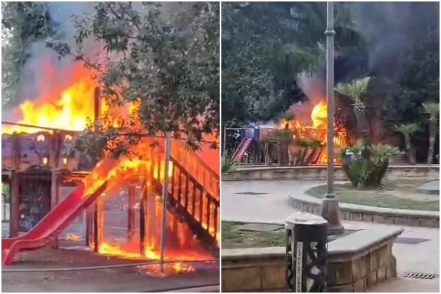 Napoli, in fiamme le giostrine dei bambini: paura al Corso Vittorio Emanuele. “Rogo doloso per allontanare clochard”