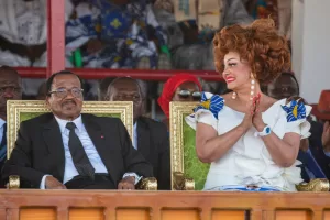 Cameroon’s President Paul Biya and First Lady Chantal Biya attend a political rally at Lamido Yaya Dairou Stadium in Maroua, Cameroon, Tuesday, Oct. 7, 2025. (AP Photo/Welba Yamo Pascal)