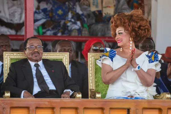 Cameroon’s President Paul Biya and First Lady Chantal Biya attend a political rally at Lamido Yaya Dairou Stadium in Maroua, Cameroon, Tuesday, Oct. 7, 2025. (AP Photo/Welba Yamo Pascal)