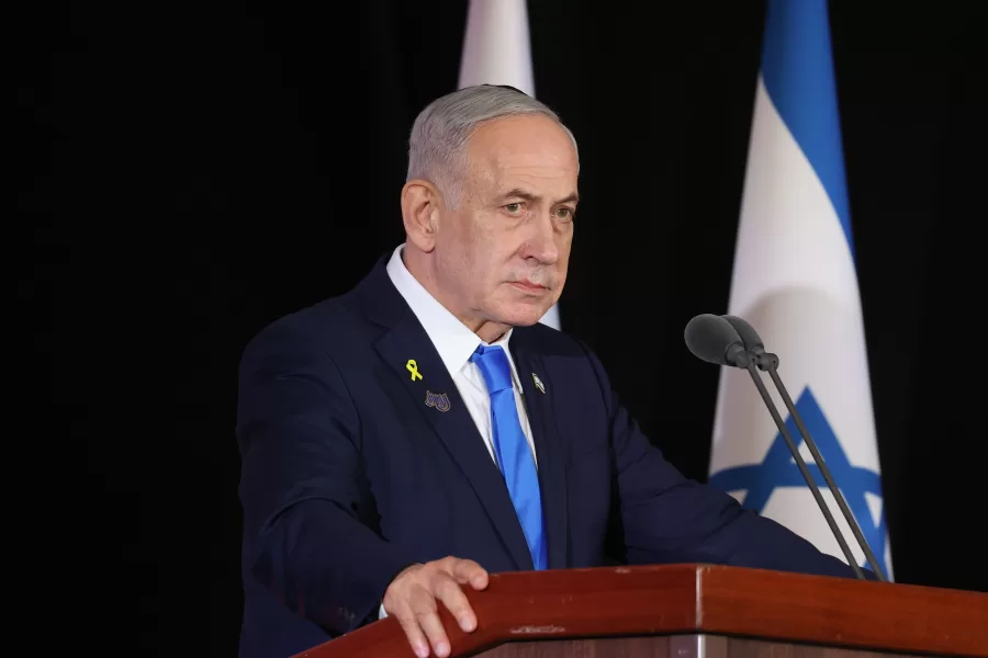 Israeli Prime Minister Benjamin Netanyahu participate in the state memorial ceremony for the fallen soldiers of the War, at Mt. Herzl, In Jerusalem, Thursday, Oct. 16, 2025. (Alex Kolomoisky/Pool Photo via AP)