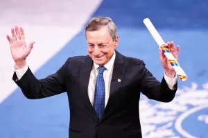 Former Central Bank President Mario Draghi waves after receiving the Princess of Asturias Awards during a ceremony in Oviedo, northern Spain, Friday, Oct. 24, 2025. (AP Photo/Miguel Osés) Former Central Bank President Mario Draghi waves after receiving the Princess of Asturias Awards during a ceremony in Oviedo, northern Spain, Friday, Oct. 24, 2025. (AP Photo/Miguel Osés)