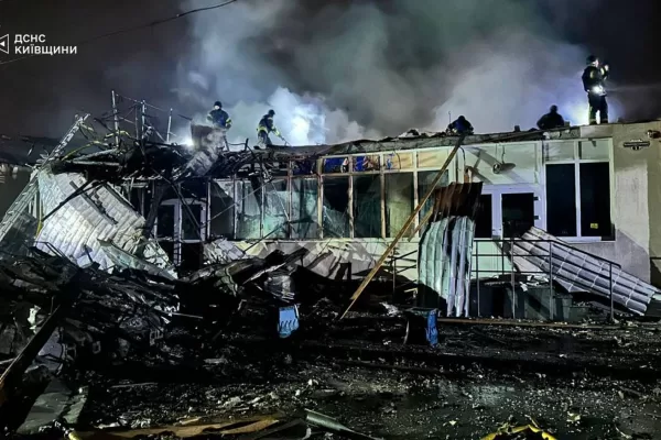 In this photo provided by the Ukrainian Emergency Service, emergency services personnel work to extinguish a fire following a Russian attack in Brovary, near Kyiv, Ukraine, Friday, Oct. 10, 2025. (Ukrainian Emergency Service via AP)