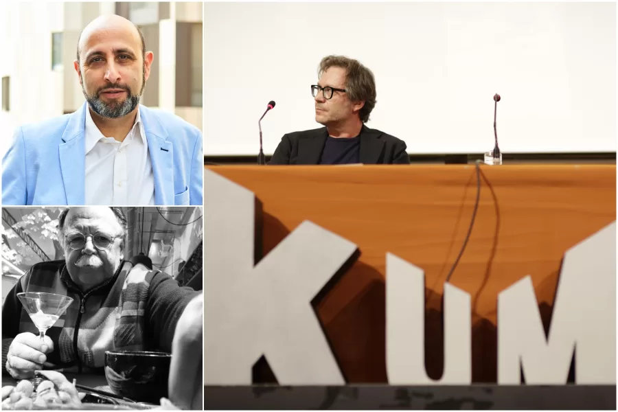 In altro a sinistra Stefano Bettera, in basso a sinistra Walter Siti. A destra Recalcati e il festival Kum