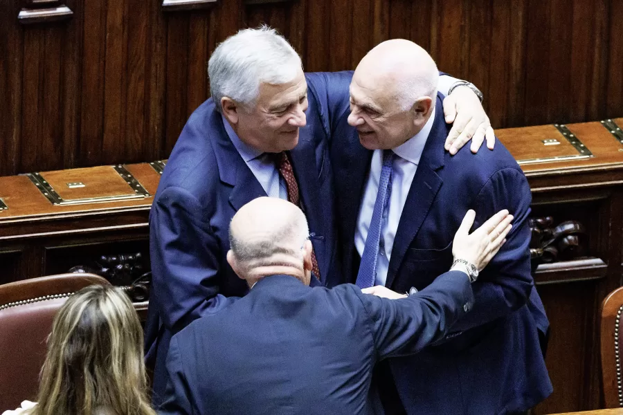 Il ministro degli Esteri Antonio Tajani e il ministro della Giustizia Carlo Nordio alla Camera dei deputati festeggiano dopo il voto finale sul ddl costituzionale “Norme in materia di ordinamento giurisdizionale e di istituzione della Corte disciplinare”, Roma, Giovedì 18 Settembre 2025 (Foto Roberto Monaldo / LaPresse) 

Foreign minister Antonio Tajani and Justice minister Carlo Nordio in the Chamber of deputies celebrate after the final vote on the constitutional bill relating to the judiciary system and the establishment of the Disciplinary Court, Rome, Thursday, September 18, 2025 (Photo by Roberto Monaldo / LaPresse)
