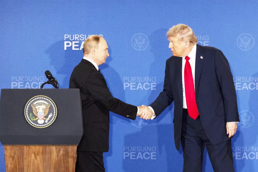 President Donald Trump, right, and Russia’s President Vladimir Putin shake hands during a joint press conference at Joint Base Elmendorf-Richardson, Alaska, Friday, Aug. 15, 2025. (AP Photo/Jae C. Hong)