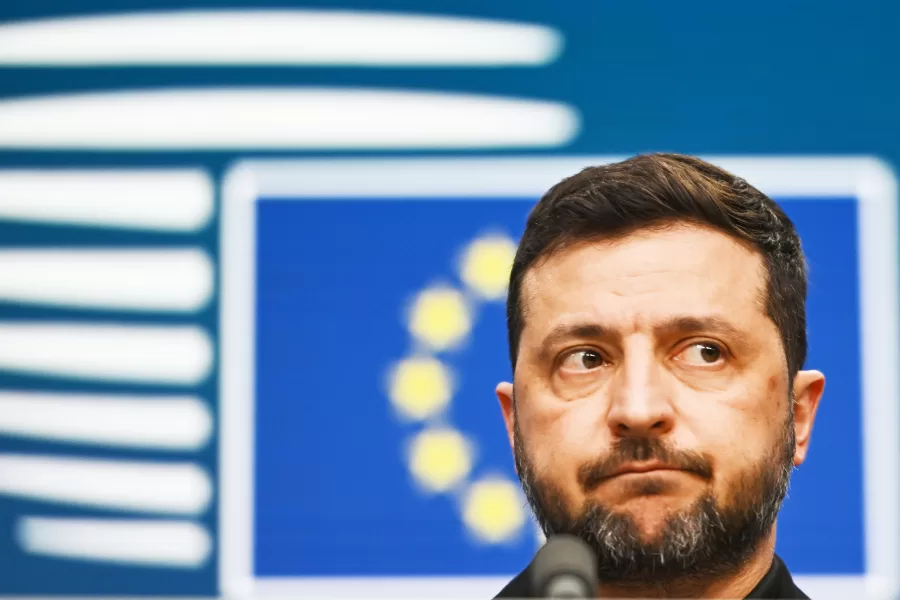 Ukraine’s President Volodymyr Zelenskyy speaks during a media conference at an EU Summit in Brussels, Thursday, Oct. 23, 2025. (AP Photo/Harry Nakos)