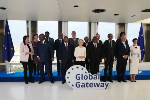 European Commission President Ursula von der Leyen, center, poses with leaders during the Global Gateway Forum in Brussels, Thursday, Oct. 9, 2025. (AP Photo/Virginia Mayo)