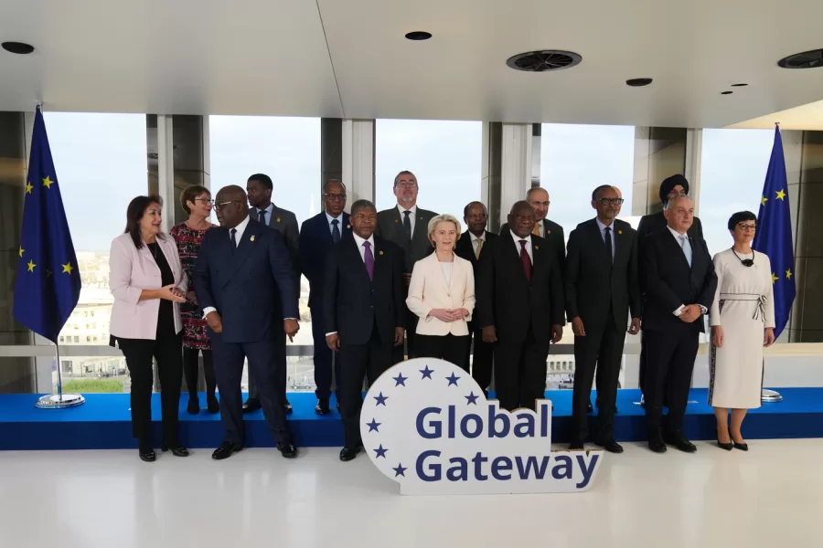 European Commission President Ursula von der Leyen, center, poses with leaders during the Global Gateway Forum in Brussels, Thursday, Oct. 9, 2025. (AP Photo/Virginia Mayo)